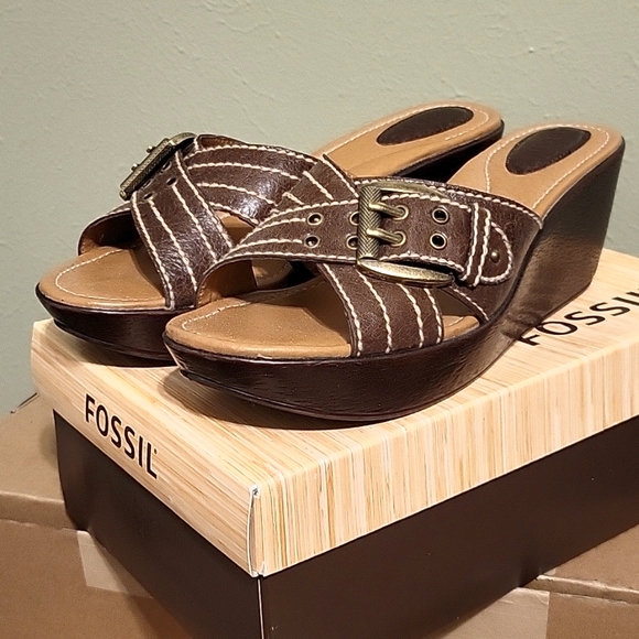 Fossil Maxine brown leather wedge sandals - Picture 2 of 7
